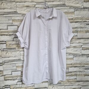 ​Day + Moon Oversized Tunic Shirt Small Tan White Coastal 100% Cotton Striped